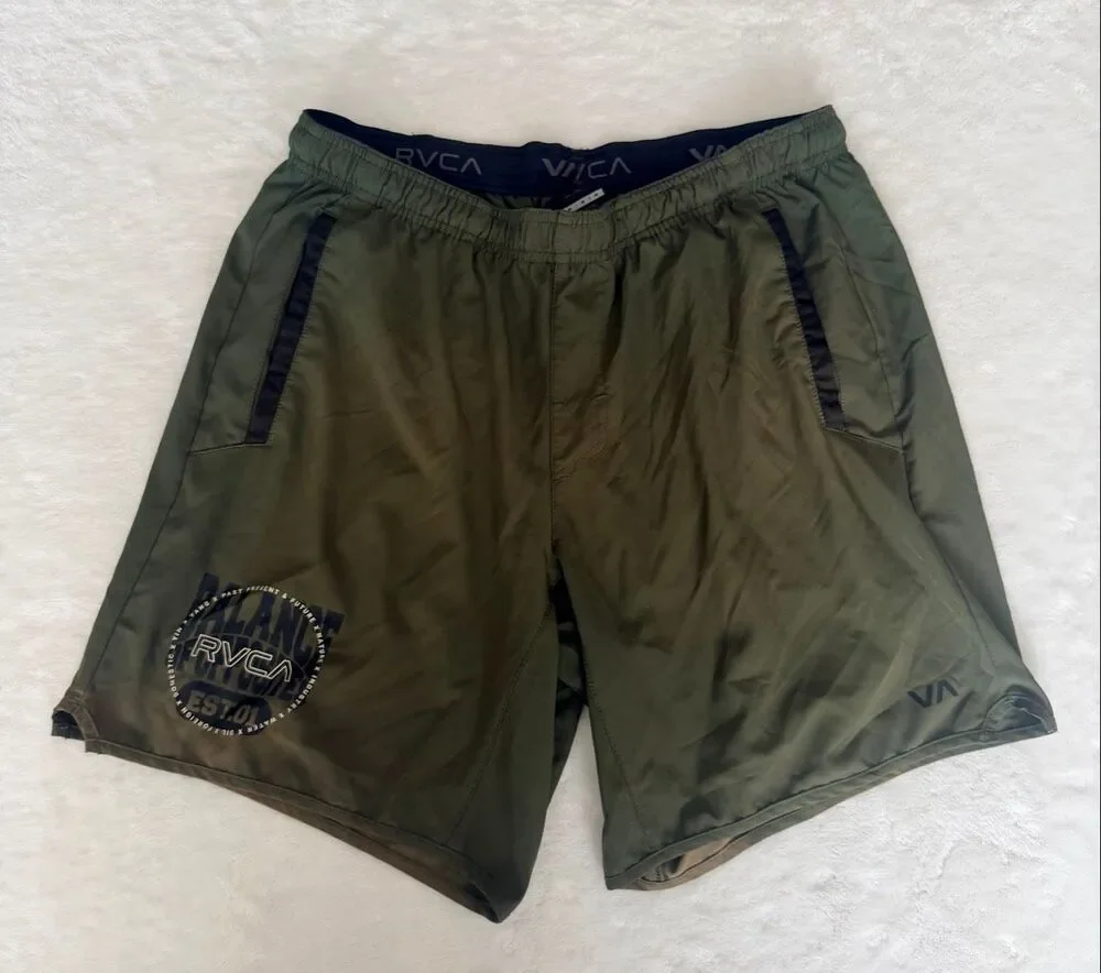 RVCA Men’s Olive Green Athletic Performance Shorts Size M Logo Drawstring